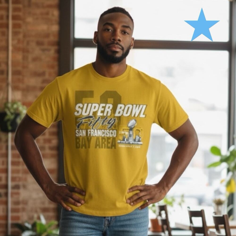 Super Bowl 50 NFL Team Denver Broncos Yellow Gold Graphic T Shirt Mens Sz XL NWT